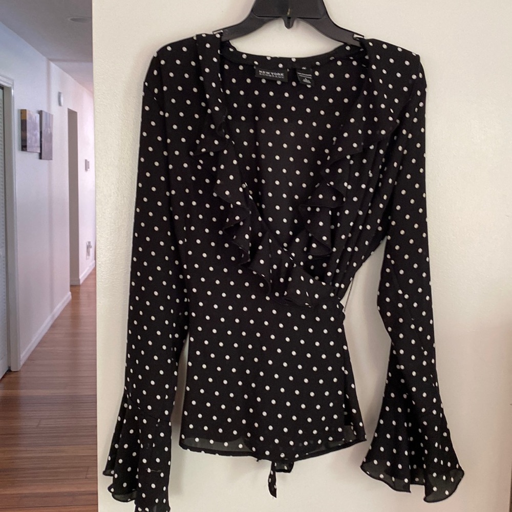 Woman’s blouse, black and white polka dot, size L, wrap style